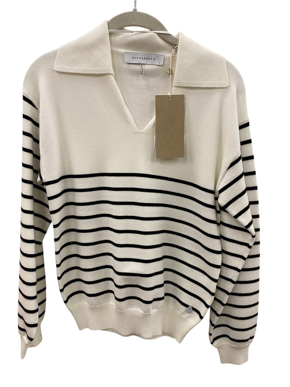 Cream V-Neck Collared Striped Sweater